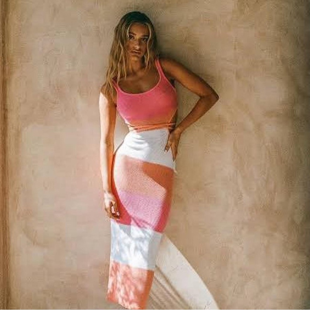 Sabo Skirt Pink and White Striped Knit Midi Skirt